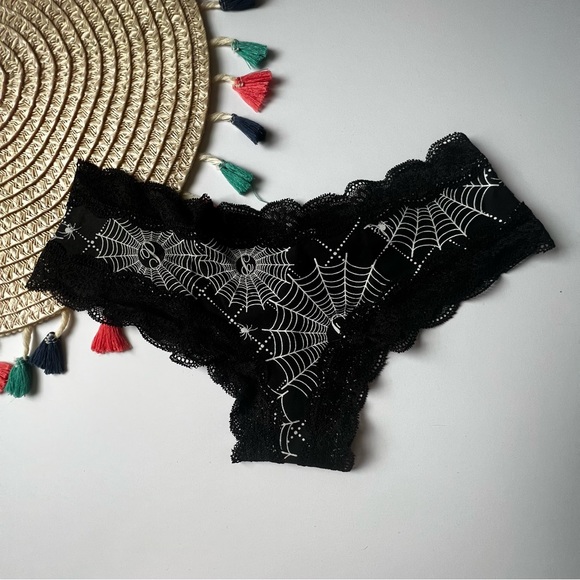 Victoria's Secret PINK Lace Waist Cheeky Panty Halloween Spider Web Black L NEW - Picture 3 of 6